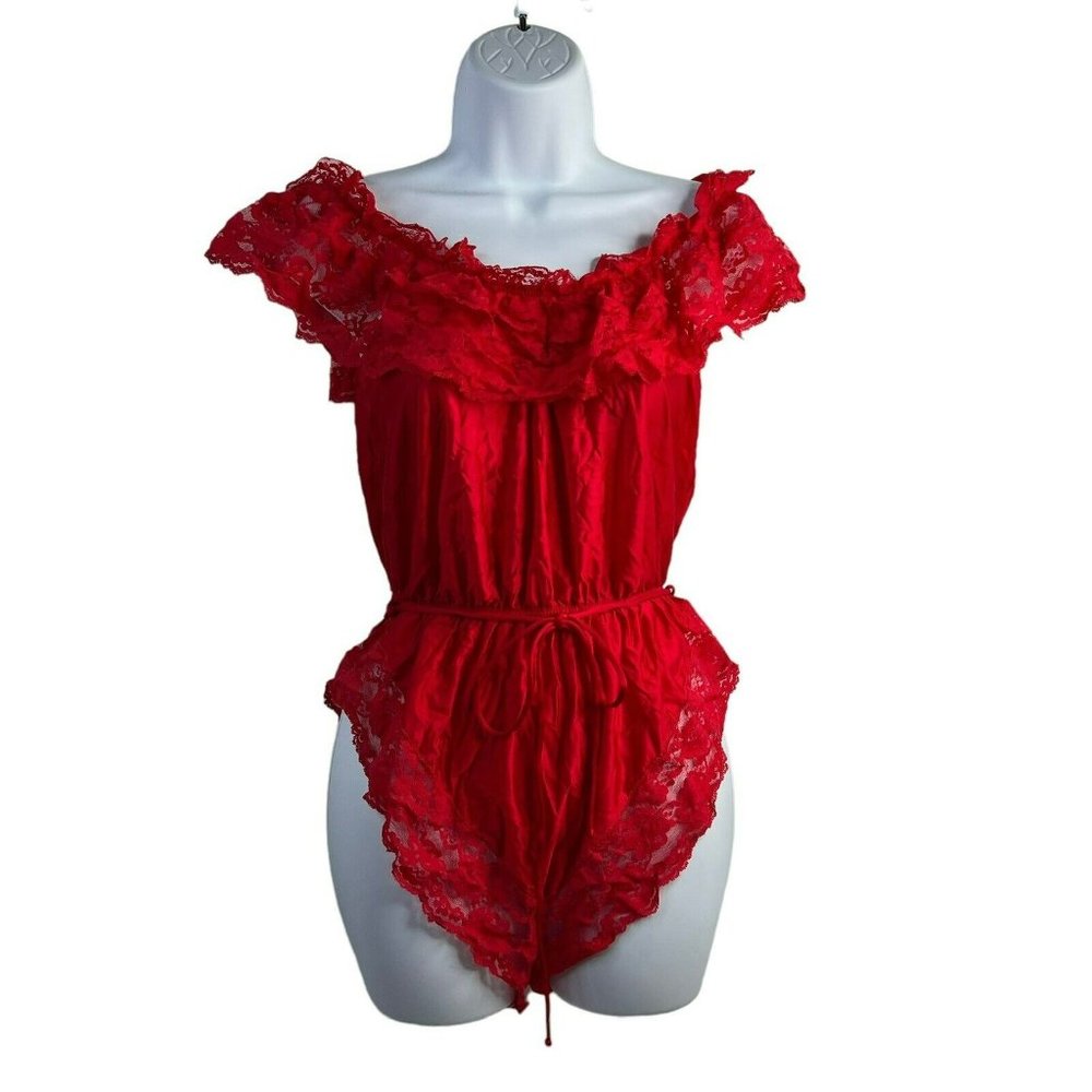 Vintage 70s 80s Teddy One Piece Red Lace Satin Romper Lingerie High Cut Booty M